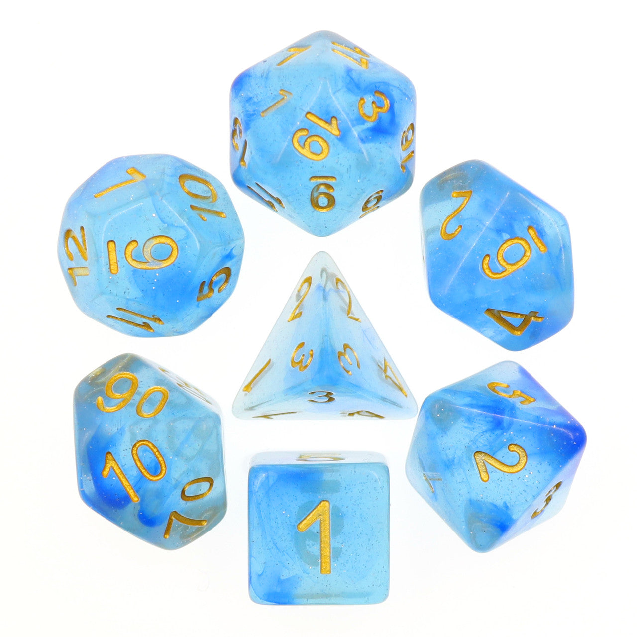 Transparent Blue Glitter 7pc Dice Set inked in Gold